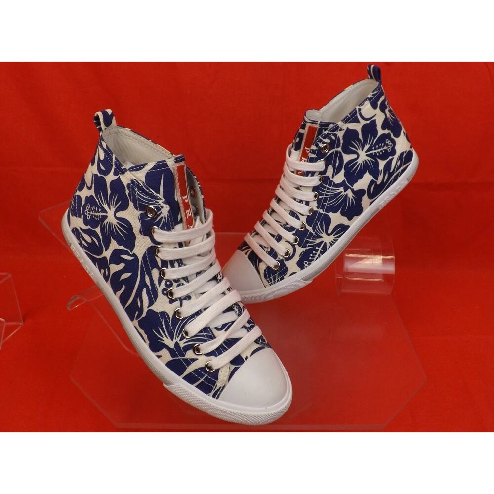 NIB PRADA 3T5731 WHITE BLUE FLORAL DENIM LEATHER CANVAS HIGH TOP SNEAKERS 35.5 - Picture 8 of 9